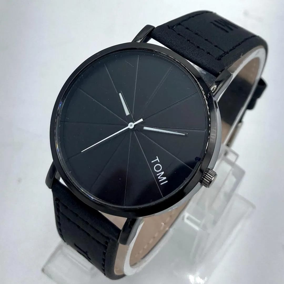 Tomi Quartz Watch Black Geometric Dial Faux Leather Strap