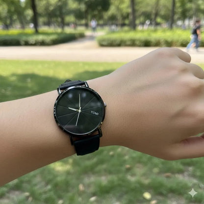 Tomi Quartz Watch Black Geometric Dial Faux Leather Strap