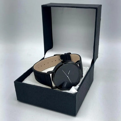 Tomi Quartz Watch Black Geometric Dial Faux Leather Strap